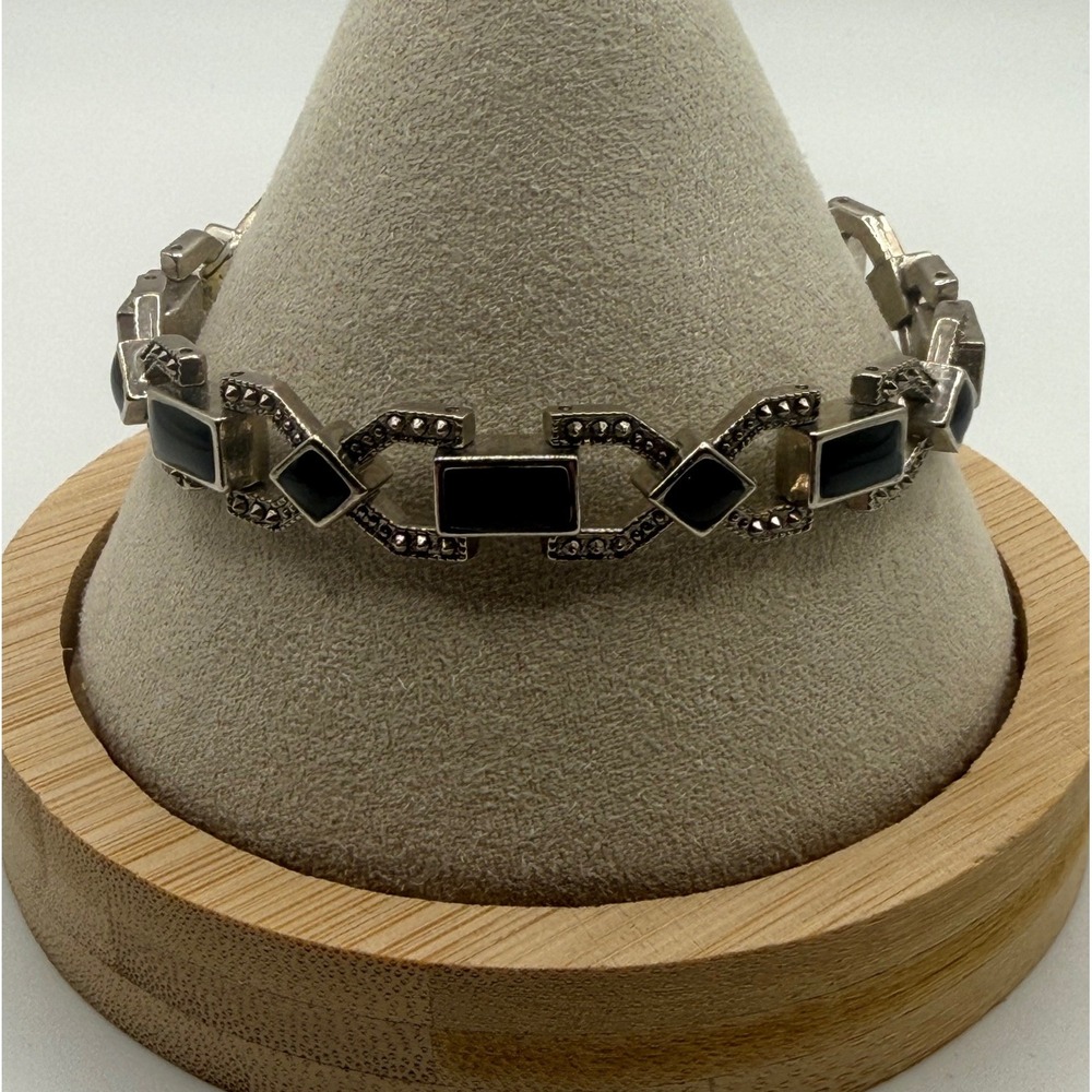 Vintage Silver Tone Black Geometric Link Bracelet Art Deco Revival 7 Inch